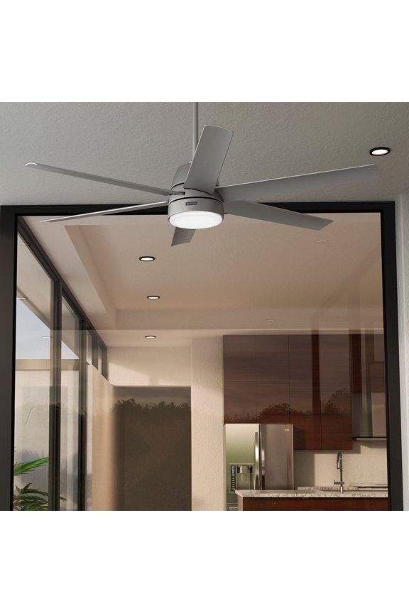 60 inch Outdoor or Indoor Ceiling Fan with LED Light - Ceiling Fan with Wall Control, For Patio, Garage, or Porch, Quiet, Standard Mount, 6 Blades - Skysail 51876, Matte Silver