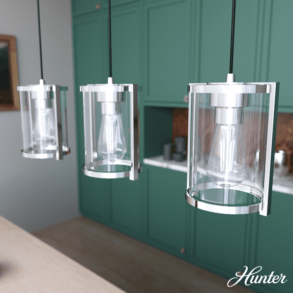 Hunter - Astwood 3-light Polished Nickel, Large Cluster Light, Dimmable, Caged Style, Linear Shaped, for Bedrooms, Kitchens, Dining, Living Rooms - 19953