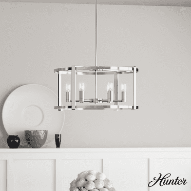 Hunter - Astwood 6-light Polished Nickel, Large Chandelier, Dimmable, Caged Style, Drum Shaped, for Bedrooms, Kitchens, Dining, Living Rooms - 19000