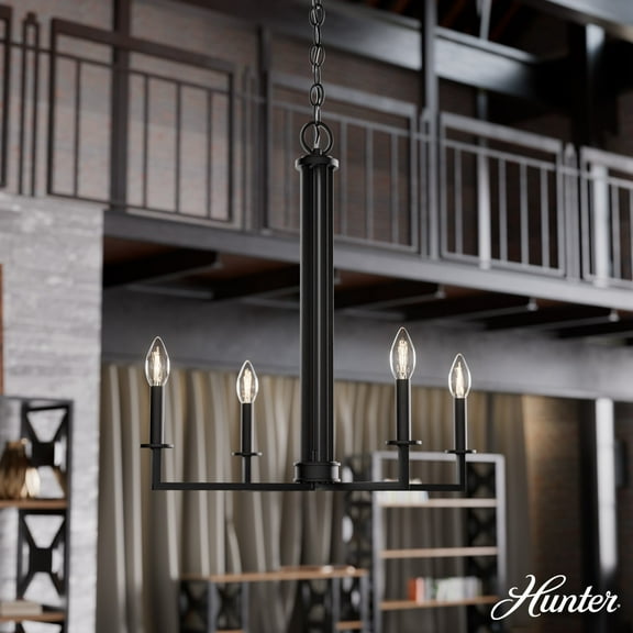 Hunter - Bearden 4-light Natural Black Iron, Large Chandelier, Dimmable, Candle Shaped, for Bedrooms, Dining, Living Rooms - 19622