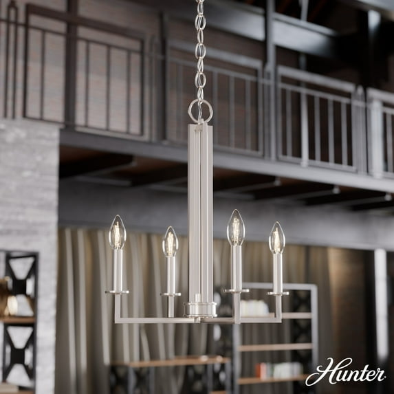 Hunter - Bearden 4-light Brushed Nickel, Medium Size Pendant Light, Dimmable, Candle Shaped, for Bedrooms, Dining, Living Rooms - 19625