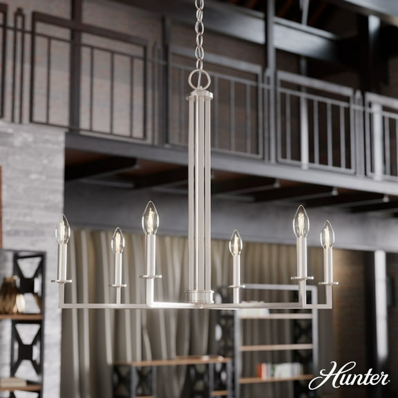Hunter - Bearden 6-light Brushed Nickel, Large Chandelier, Dimmable, Candle Shaped, for Bedrooms, Dining, Living Rooms - 19621