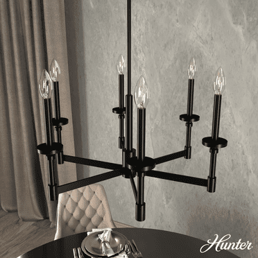 Hunter - Briargrove 6-light Matte Black, Large Chandelier, Dimmable, Formal Style, Candle Shaped, for Bedrooms, Kitchens, Dining, Living Rooms - 19700