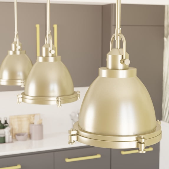 Hunter - Bridgemoor 1-light Modern Brass, Medium Size Pendant Light, Dimmable, Industrial Style, Dome Shaped, for Bedrooms, Dining, Living Rooms - 19108