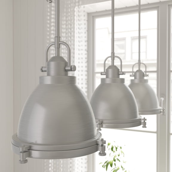Hunter - Bridgemoor 1-light Brushed Nickel, Medium Size Pendant Light, Dimmable, Industrial Style, Dome Shaped, for Bedrooms, Dining, Living Rooms - 19107