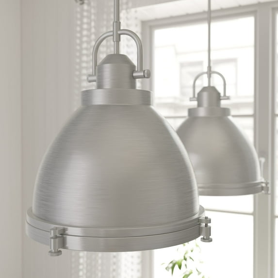 Hunter - Bridgemoor 2-light Brushed Nickel, Medium Size Pendant Light, Dimmable, Industrial Style, Dome Shaped, for Bedrooms, Dining, Living Rooms - 19104