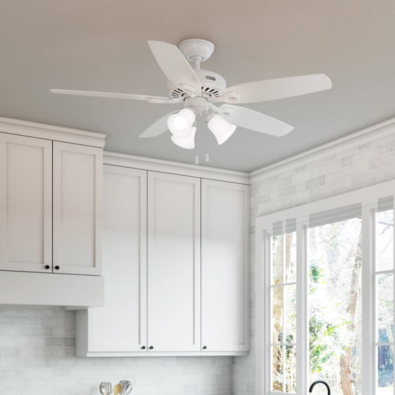 Hunter 52 inch Indoor Ceiling Fan with LED Lights - White Ceiling Fan with Pull Chain, For Bedroom or Living Room, Standard Mount, No Remote, 5 Blades, Includes Bulbs - Builder 52730, Fresh White