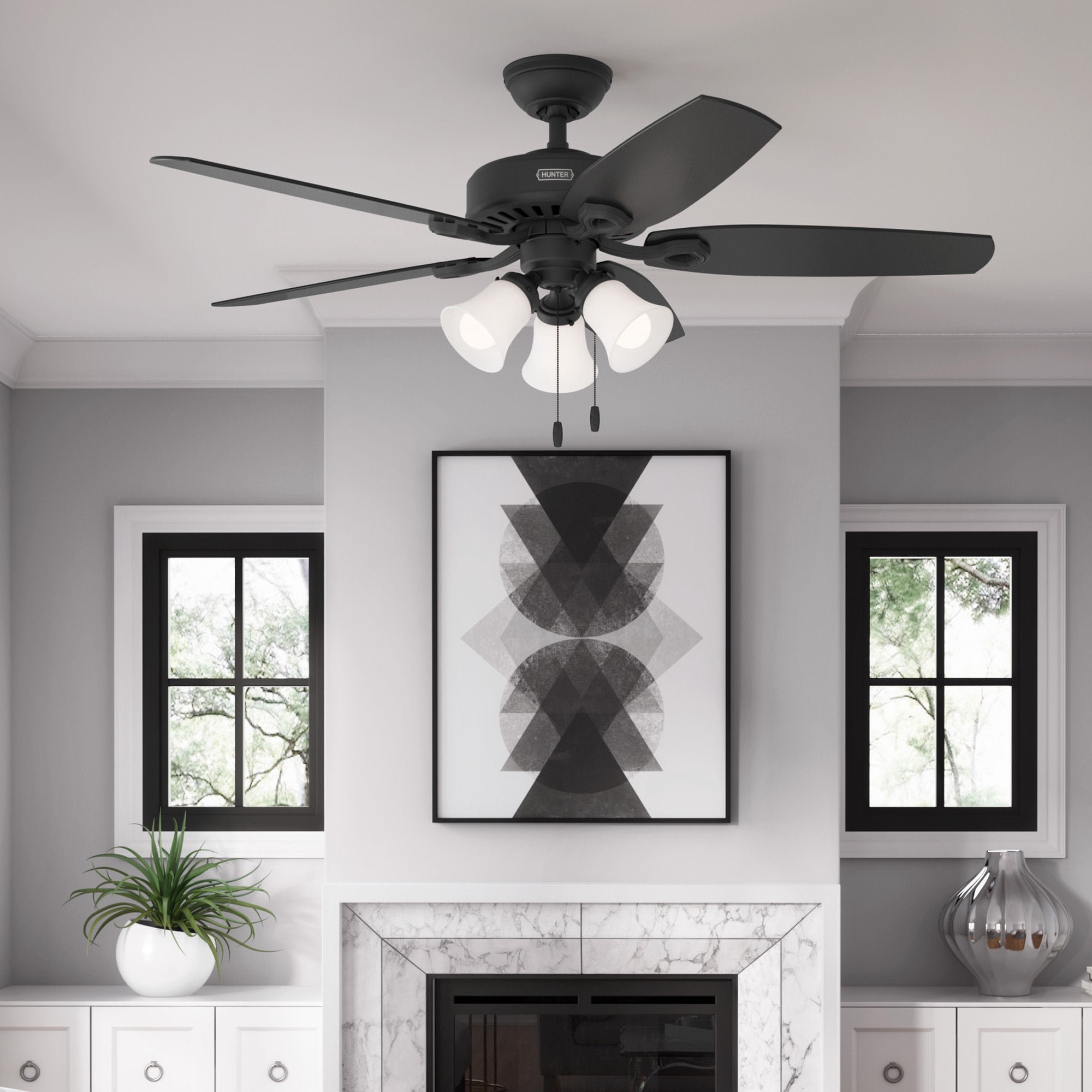 Hunter 52 inch Indoor Ceiling Fan with LED Lights - Black Ceiling Fan with Pull Chain, For Bedroom or Living Room, Standard Mount, No Remote, 5 Blades, Includes Bulbs - Builder 52731, Matte Black
