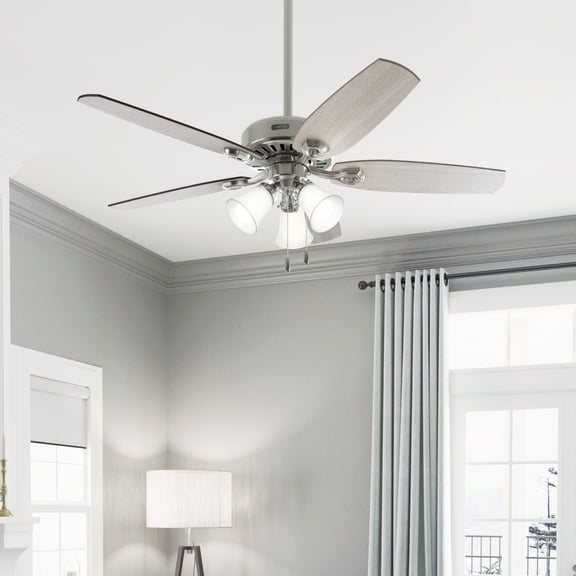 Hunter 52 inch Indoor Ceiling Fan with LED Lights - Ceiling Fan with Pull Chain, For Bedroom or Living Room, Standard Mount, No Remote, 5 Blades, Includes Bulbs - Builder Plus 51111, Brushed Nickel