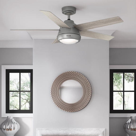 Hunter 52 inch Indoor Ceiling Fan with LED Light and Remote Control - Standard Mount Ceiling Fan, 5 Blades, For Bedroom, Living Room, or Kitchen, Quiet - Burroughs 52423, Matte Silver