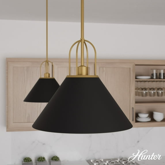 Hunter - Carrington Isle 1-light Matte Black, Medium Size Pendant Light, Dimmable, Casual Style, Cone Shaped, for Bedrooms, Dining, Living Rooms - 13165