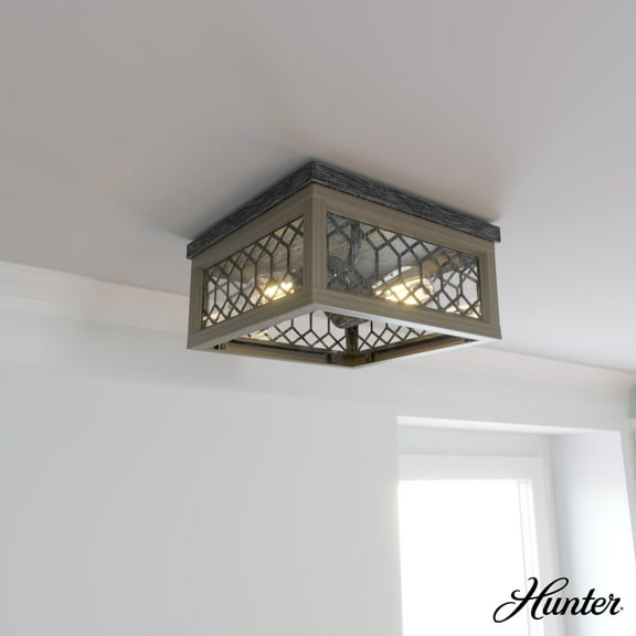 Hunter - Chevron 2-light Rustic Iron, Medium Size Flush Mount Light, Dimmable, Casual Style, Square Shaped, for Bedrooms, Dining, Living Rooms - 19969