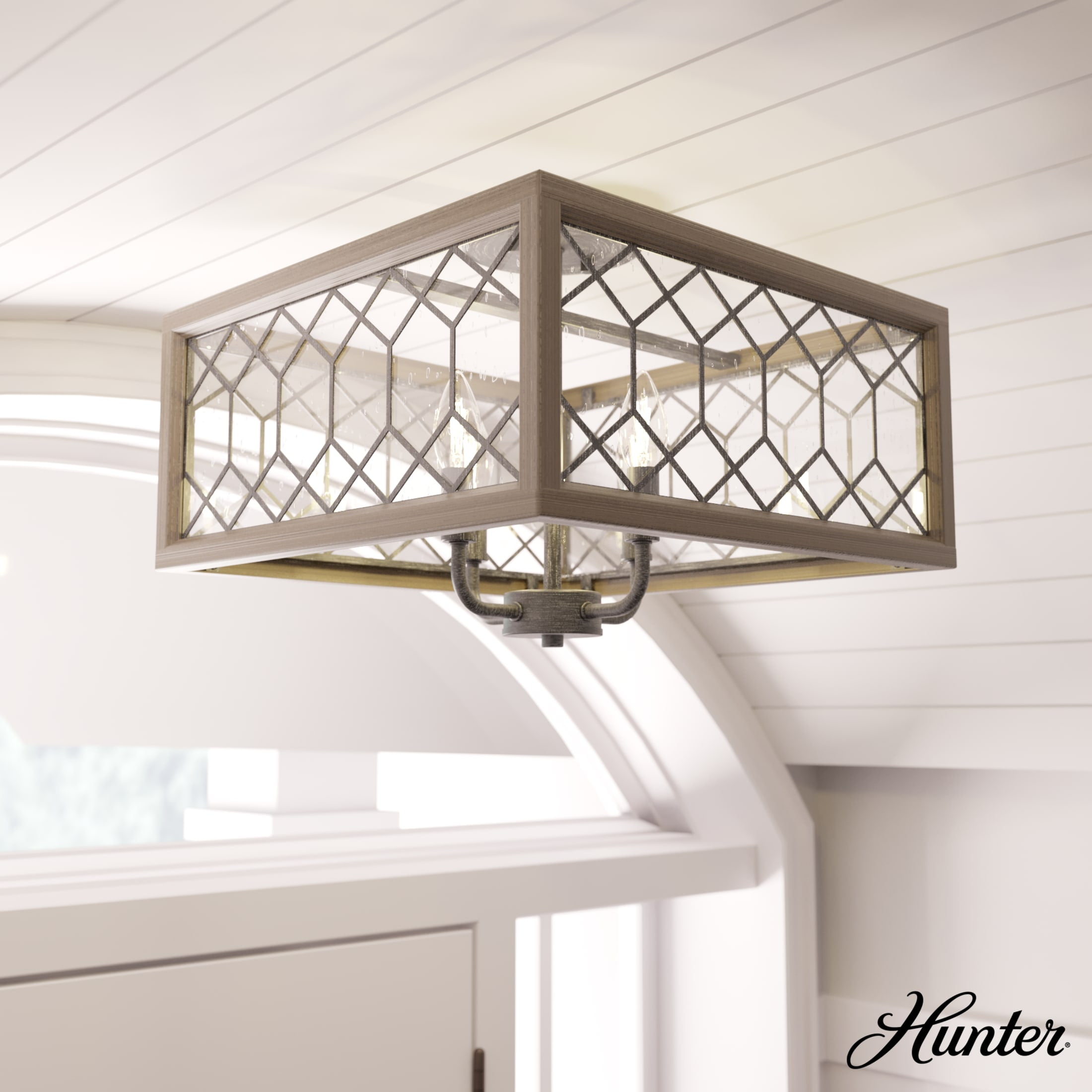 Hunter - Chevron 4-light Rustic Iron, Large Flush Mount Light