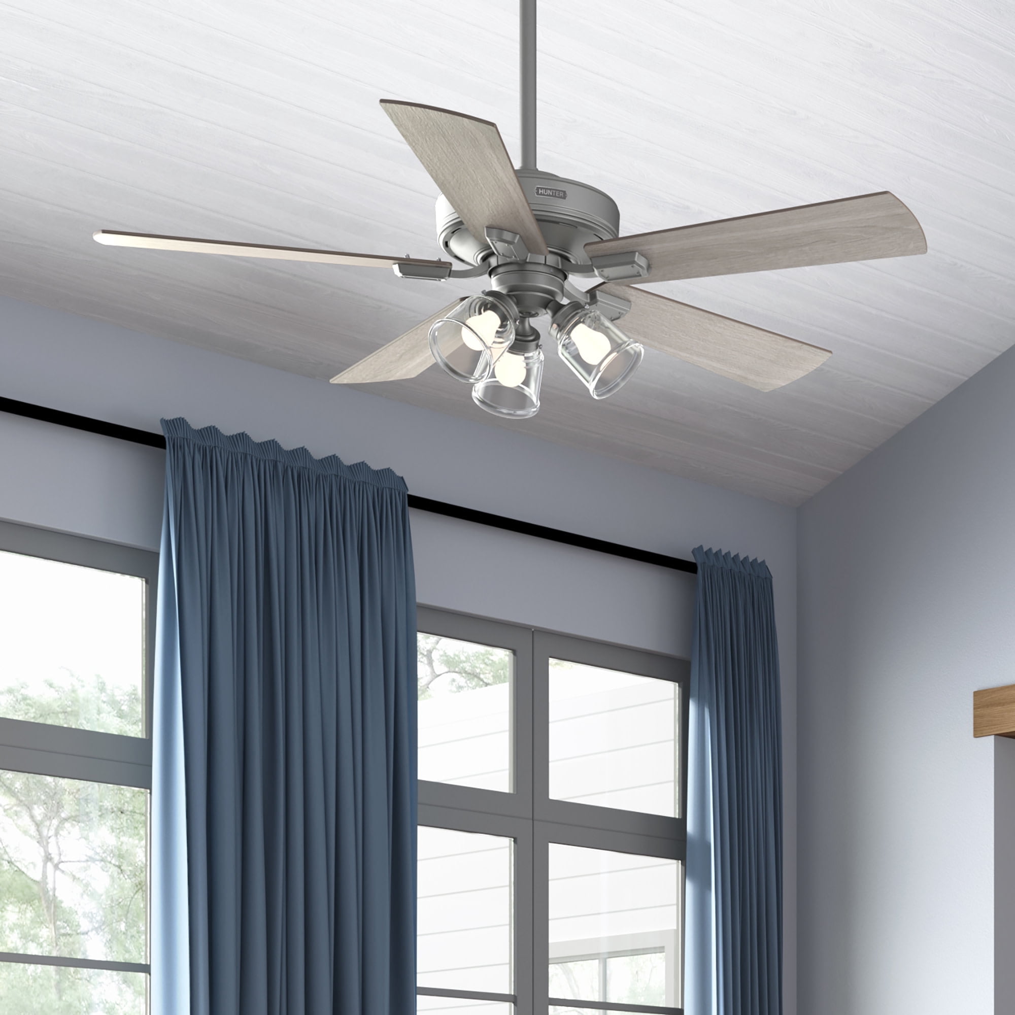 Hunter 52 inch Indoor Ceiling Fan with LED Lights and Remote Control - Standard Mount Ceiling Fan, 5 Blades, For Bedroom, Living Room, or Kitchen, 3 inch Downrod - Crestfield 51857, Matte Silver
