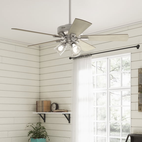 Hunter 52 inch Indoor Ceiling Fan with LED Lights and Remote Control - Standard Mount Ceiling Fan, 5 Blades, For Bedroom, Living Room, or Kitchen, 3 inch Downrod - Crestfield 51858, Brushed Nickel
