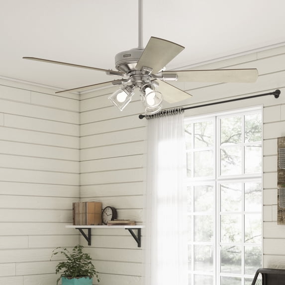 Hunter 52 inch Indoor Ceiling Fan with LED Lights and Remote Control - Standard Mount Ceiling Fan, 5 Blades, For Bedroom, Living Room, or Kitchen, 3 inch Downrod - Crestfield 51858, Brushed Nickel