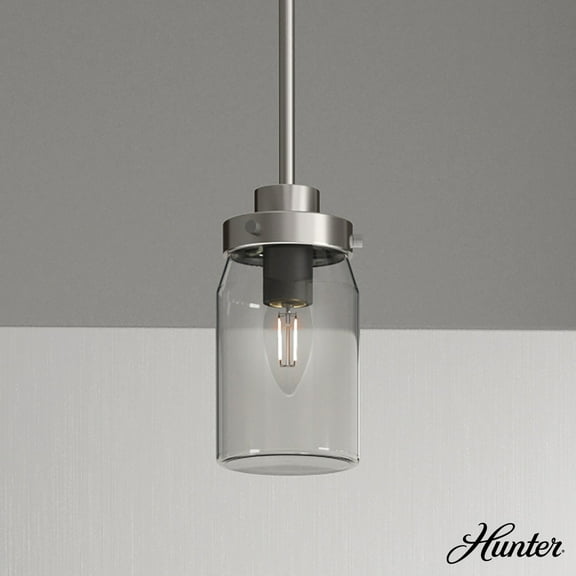 Hunter - Devon Park 1-light Brushed Nickel, Mini Pendant Light, Dimmable, Rustic Style, Cylinder Shaped, for Bedrooms, Dining, Living Rooms - 19009