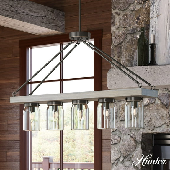 Hunter - Devon Park 5-light Onyx Bengal, Large Chandelier, Dimmable, Rustic Style, Linear Shaped, for Bedrooms, Dining, Living Rooms - 19006