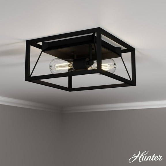 Hunter - Doherty 2-light Natural Black Iron, Medium Size Flush Mount Light, Dimmable, Industrial Style, Square Shaped, for Bedrooms, Dining, Living Rooms - 19410
