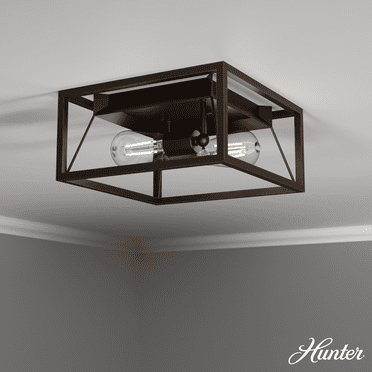 Hunter - Doherty 2-light Onyx Bengal, Medium Size Flush Mount Light, Dimmable, Industrial Style, Square Shaped, for Bedrooms, Kitchens, Dining, Living Rooms - 19411