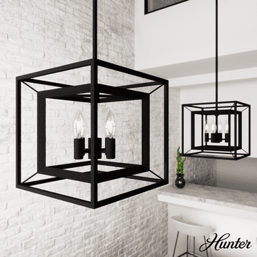 Hunter - Doherty 4-light Natural Black Iron, Medium Size Pendant Light, Dimmable, Industrial Style, Square Shaped, for Bedrooms, Kitchens, Dining, Living Rooms - 19412