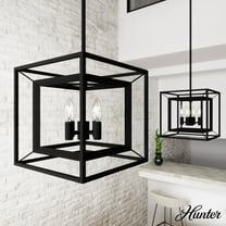 Hunter - Doherty 4-light Natural Black Iron, Medium Size Pendant Light, Dimmable, Industrial Style, Square Shaped, for Bedrooms, Dining, Living Rooms - 19412