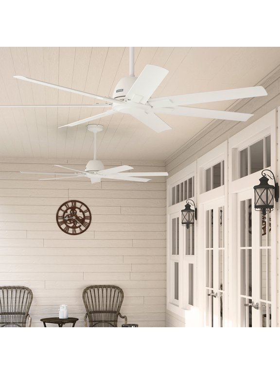 - Downtown Indoor/Outdoor Ceiling Fan, Wall Control, 60-inch, Matte White, Industrial-style, 6-speed, Energy Star, 53436, for porches, patios, sunrooms, bathrooms
