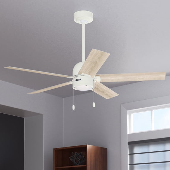 Hunter 52 inch Indoor Ceiling Fan with LED Light - White Ceiling Fan with Pull Chain, For Bedroom, Living Room, or Kitchen, Standard Mount, No Remote, 5 Blades - Erling 51761, Matte White