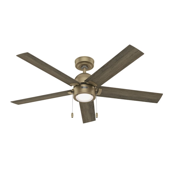 Hunter 52" Erling Ceiling Fan Burnished Brass Finish with LED Light and Pull Chain Control for Modern Rustic Spaces