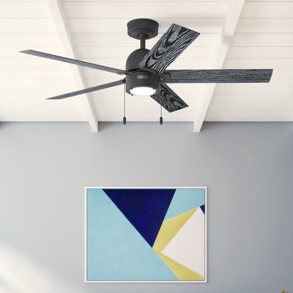 Hunter 52 inch Indoor Ceiling Fan with LED Light - Black Ceiling Fan with Pull Chain, For Bedroom, Living Room, or Kitchen, Standard Mount, No Remote, 5 Blades - Erling 51760, Matte Black