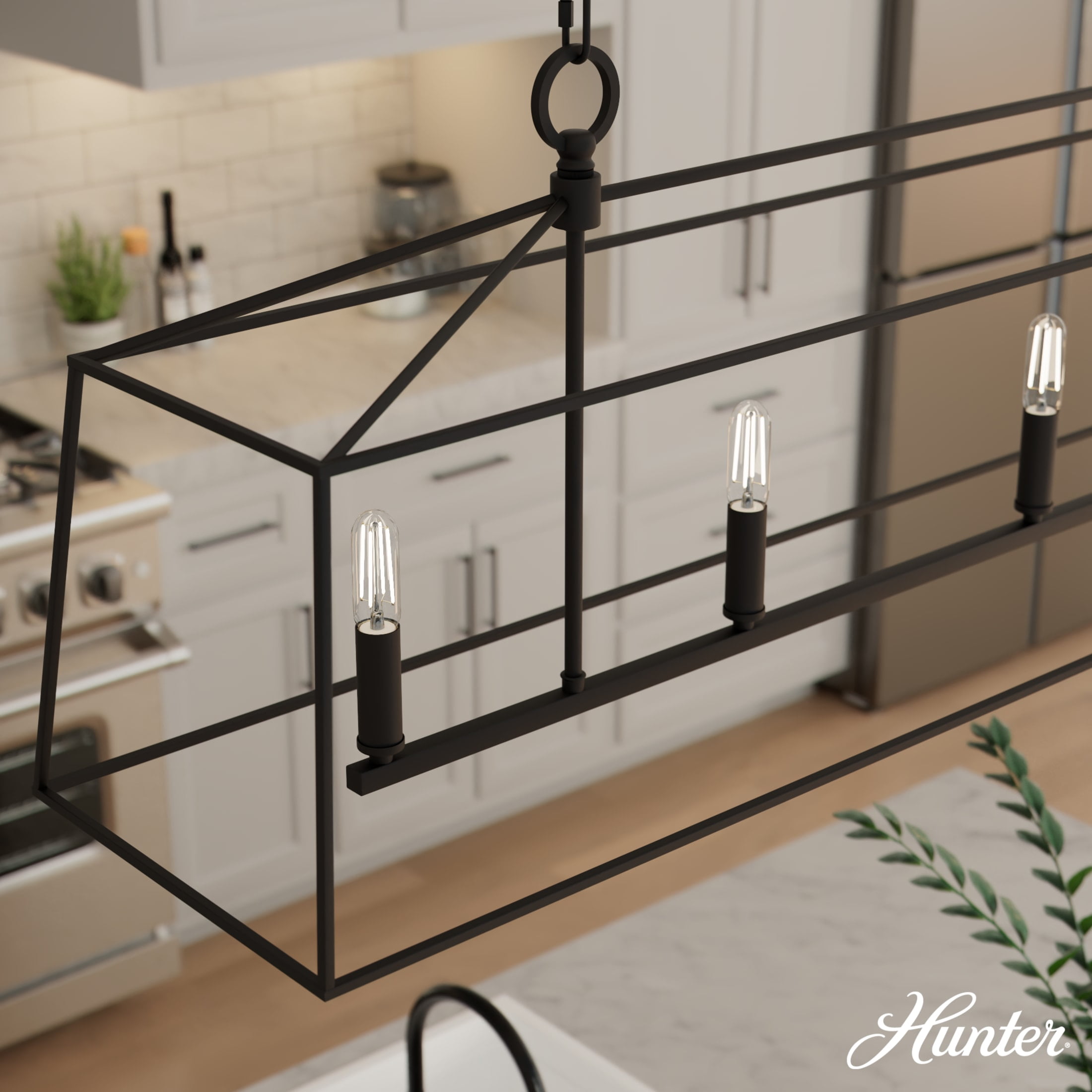 Hunter - Fair Oaks 4-light Matte Black, Extra Large Chandelier, Dimmable, Formal Style, Linear Shaped, for Bedrooms, Dining, Living Rooms - 13099