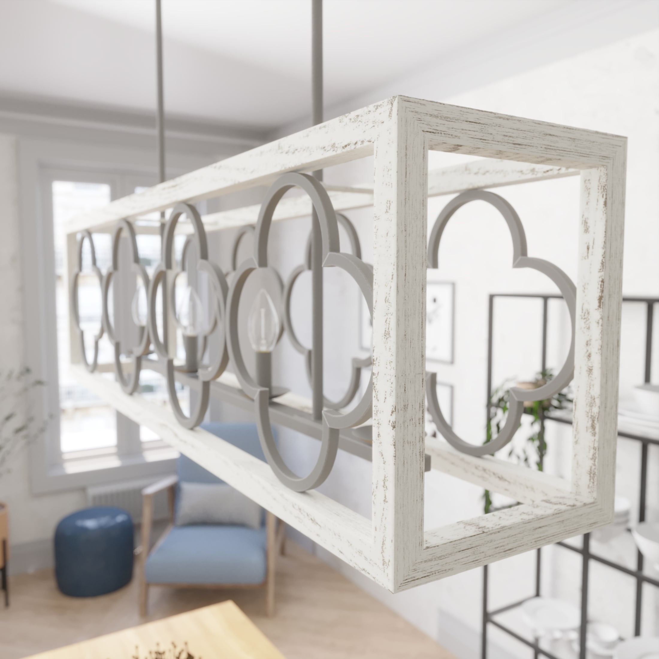 White Painted Concrete 4-Light Linear Chandelier