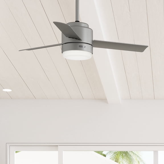 Hunter 44 inch Outdoor or Indoor Ceiling Fan with LED Light and Remote Control - Ceiling Fan, Standard Mount, 3 Blades, For Patio, Porch, Garage, or Living Room, Quiet - Gilmour 51845, Matte Silver