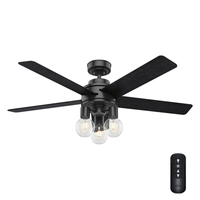 Hunter - Hardwick Indoor Ceiling Fan With Light, Remote, 52-inch, Matte Black, Casual-style, 4-speed WhisperWind Motor, 50594, for living rooms, bedrooms, home offices, kitchens