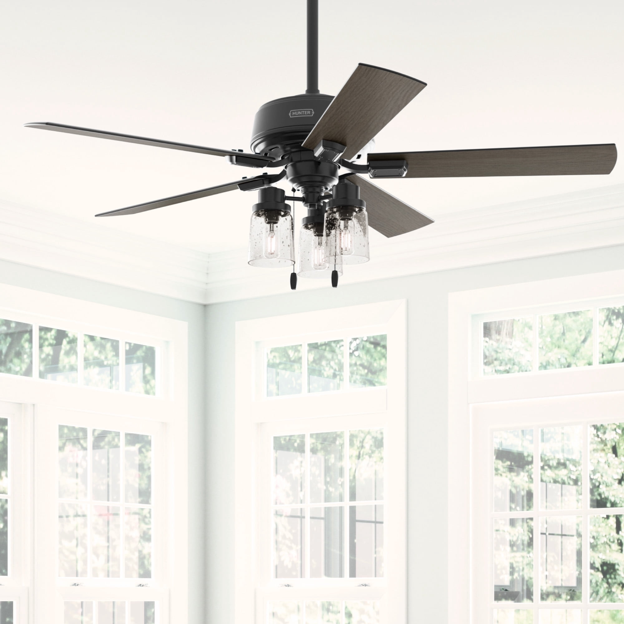 Hunter 52 inch Indoor Ceiling Fan with LED Lights - Black Ceiling Fan with Pull Chain, For Bedroom, Living Room, or Kitchen, Standard Mount, No Remote, 5 Blades - Hartland 51745, Matte Black