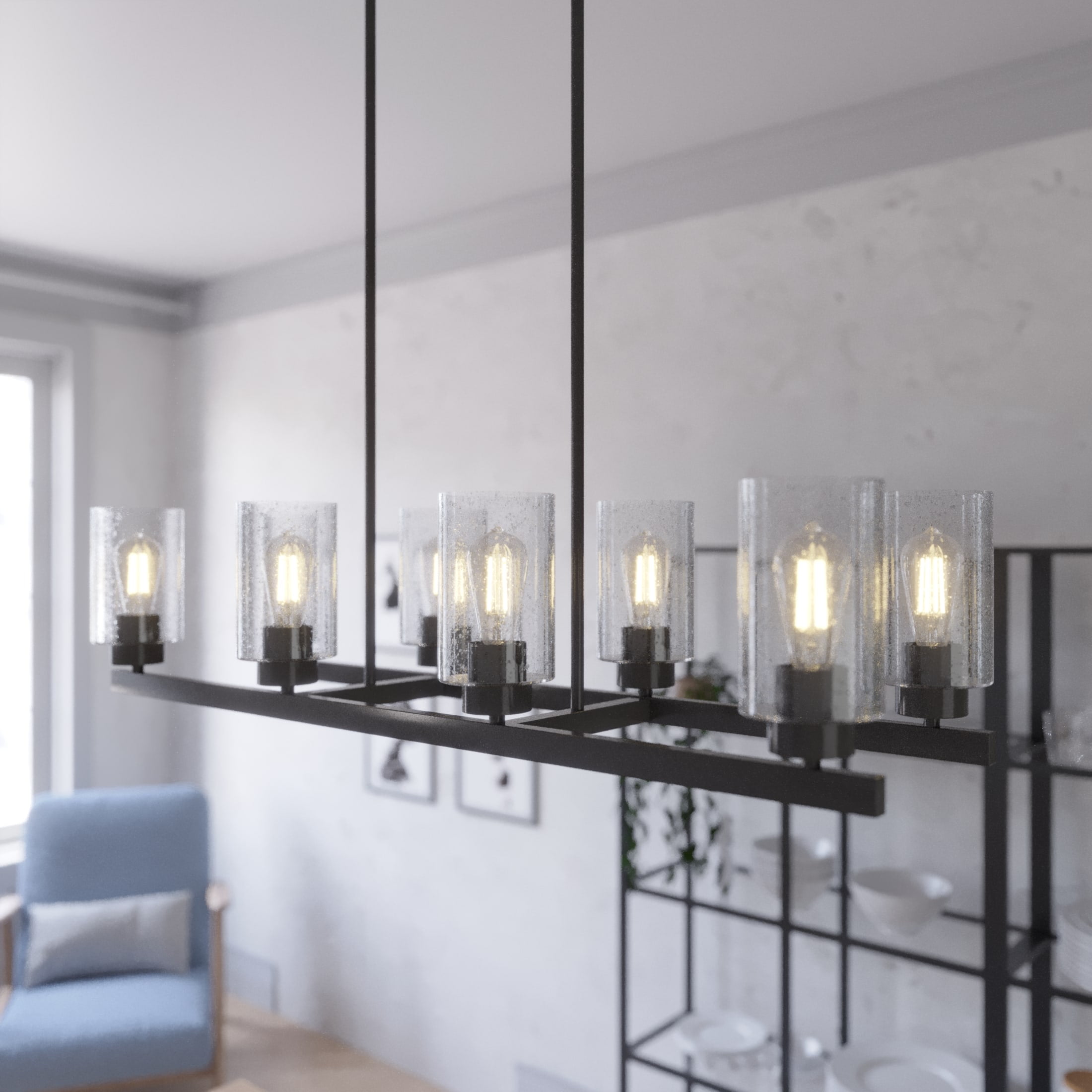 Noble Bronze 40" Linear Chandelier with Seeded Glass