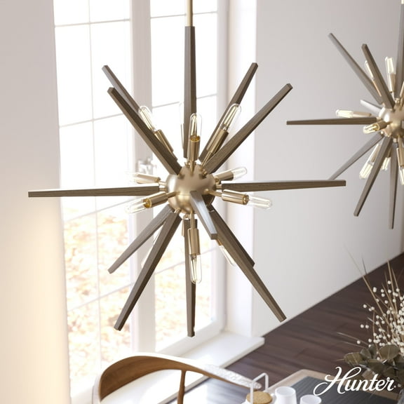 Hunter - Jupiter Star 12-light Alturas Gold, Large Pendant Light, Dimmable, Mid Century Modern Style, Sputnik Shaped, for Bedrooms, Dining, Living Rooms - 19341
