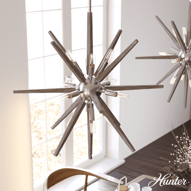 Hunter - Jupiter Star 12-light Brushed Nickel, Large Pendant Light, Dimmable, Mid Century Modern Style, Sputnik Shaped, for Bedrooms, Kitchens, Dining, Living Rooms - 19342