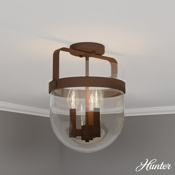 Hunter - Karloff 3-light Textured Rust, Medium Size Flush Mount Light, Dimmable, Casual Style, Urn Shaped, for Bedrooms, Dining, Living Rooms - 19835
