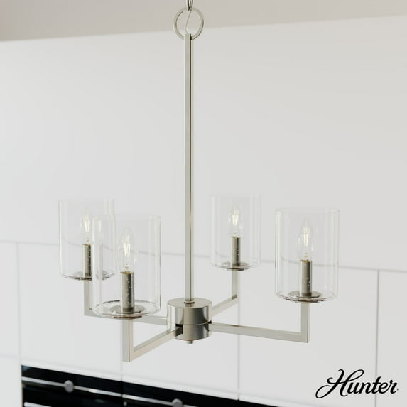 Hunter - Kerrison 4-light Brushed Nickel, Medium Size Chandelier, Dimmable, Candle Shaped, for Bedrooms, Dining, Living Rooms - 19537