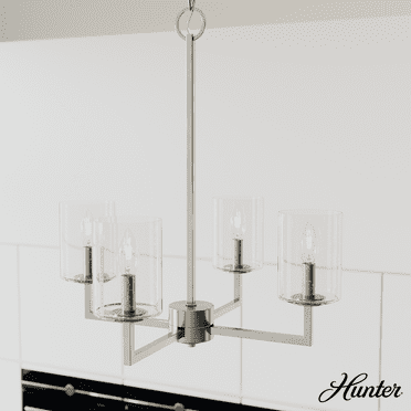 Hunter - Kerrison 4-light Brushed Nickel, Medium Size Chandelier, Dimmable, Candle Shaped, for Bedrooms, Kitchens, Dining, Living Rooms - 19537