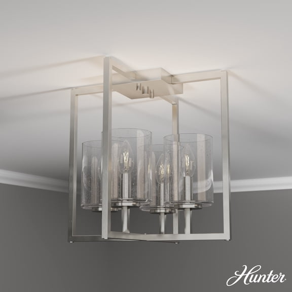 Hunter - Kerrison 4-light Brushed Nickel, Large Flush Mount Light, Dimmable, Modern Style, Square Shaped, for Bedrooms, Dining, Living Rooms - 19547