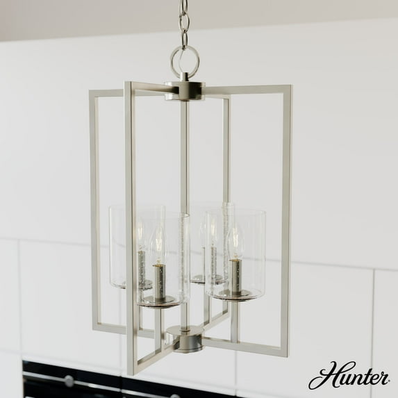 Hunter - Kerrison 4-light Brushed Nickel, Medium Size Pendant Light, Dimmable, Rectangle Shaped, for Bedrooms, Dining, Living Rooms - 19539