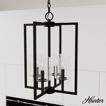 Hunter - Kerrison 4-light Natural Black Iron, Medium Size Pendant Light, Dimmable, Rectangle Shaped, for Bedrooms, Kitchens, Dining, Living Rooms - 19538