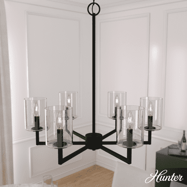 Hunter - Kerrison 6-light Natural Black Iron, Large Chandelier, Dimmable, Candle Shaped, for Bedrooms, Kitchens, Dining, Living Rooms - 19534