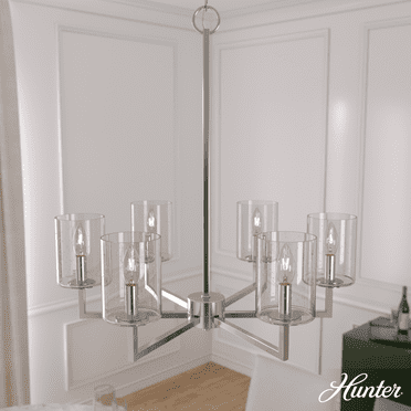 Hunter - Kerrison 6-light Brushed Nickel, Large Chandelier, Dimmable, Candle Shaped, for Bedrooms, Kitchens, Dining, Living Rooms - 19535