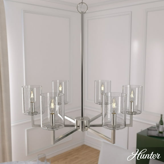 Hunter - Kerrison 6-light Brushed Nickel, Large Chandelier, Dimmable, Candle Shaped, for Bedrooms, Dining, Living Rooms - 19535