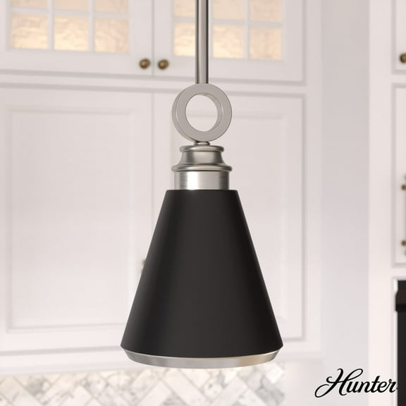Hunter - Klein 1-light Brushed Nickel, Mini Pendant Light, Dimmable, Casual Style, Cone Shaped, for Bedrooms, Dining, Living Rooms - 19443