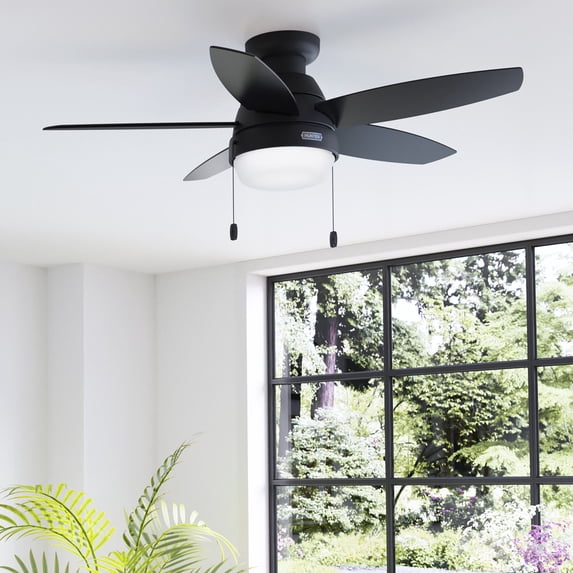 Hunter 44 inch Indoor Ceiling Fan with LED Light - Black Ceiling Fan with Pull Chain, For Bedroom, Living Room, or Kitchen, Low Profile Mount, No Remote, 5 Blades - Lilliana 52613, Matte Black