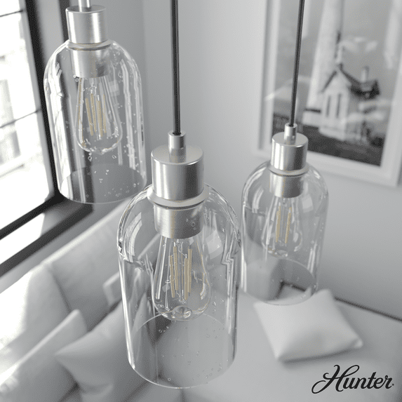 Hunter - Lochemeade 1-light Brushed Nickel, Mini Pendant Light, Dimmable, Modern Style, Cylinder Shaped, for Bedrooms, Kitchens, Dining, Living Rooms - 19200